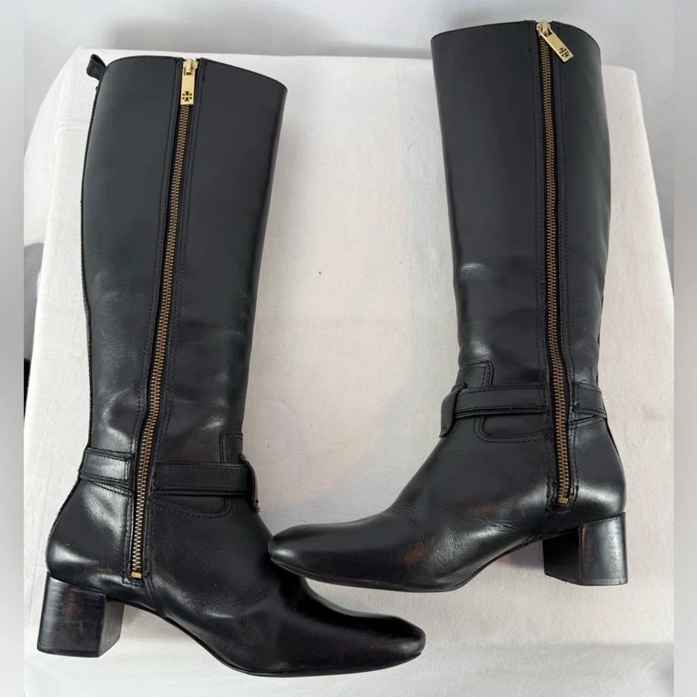 Vintage Y2K Tory Burch Leather Gold Logo Knee‎ High Heeled Boots in Black Size 7